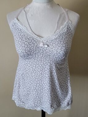 Lace Trim Leopard Print Camisole - Gray, White, Pale Pink Sz M